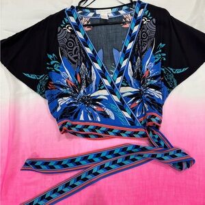 Jealous Tomato Black and Blue Floral Wrap Blouse